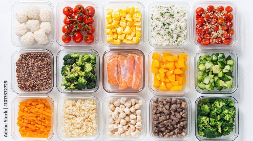 Healthy meal prep on white: Pre-portioned healthy meals laid out on a white background, ideal for meal prep and portion control enthusiasts. Healthy meal prep on white: Pre-portioned healthy meals laid out on a white background, ideal for meal prep and portion control enthusiasts.