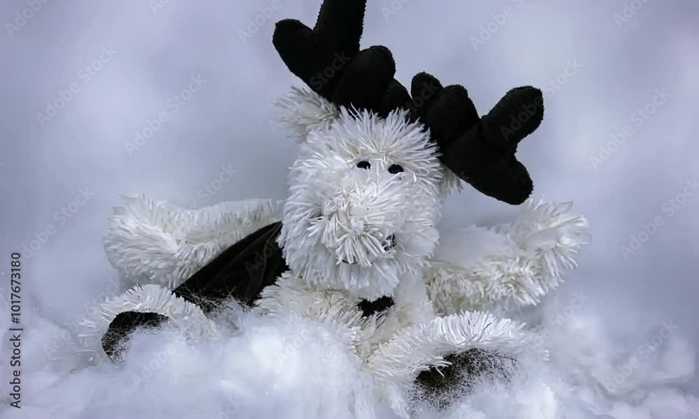 Peluche de renne tout blanc avec une écharpe, allongée dans la neige, ambiance hivernale et festive