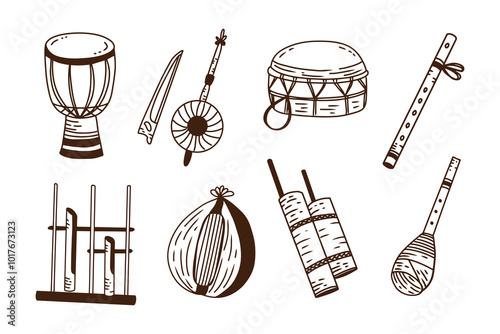 Vintage Indonesian Musical Instruments Line Drawing