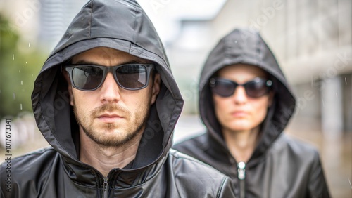 Hooded Figures in Rain Jackets with Sunglasses