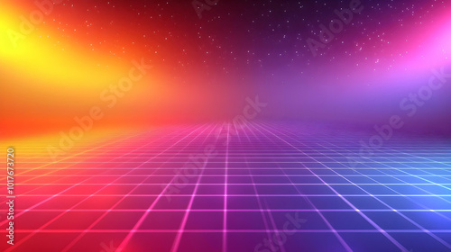 Abstract Neon Grid Background with Stars and Blurry Gradient