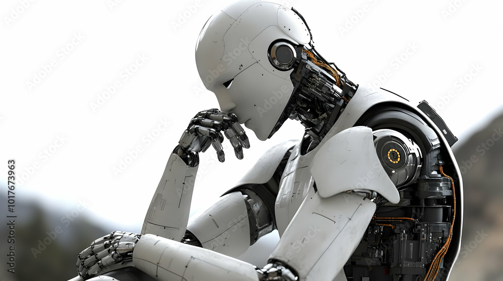 A 3D Rendered White Robot Sits with Its Head Down in Thought Against a Blurry Landscape Background A 3D Rendered White Robot Sits with Its Head Down in Thought Against a Blurry Landscape Background