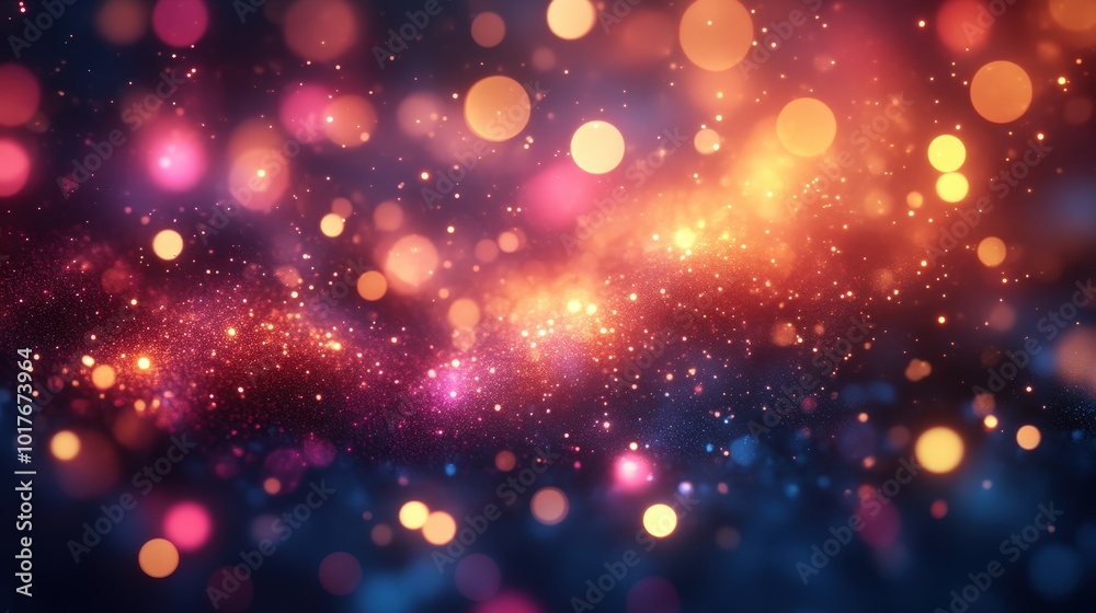 Fototapeta premium Glowing Bokeh Light Particles In Warm Pink And Orange Gradient Creating A Dreamy Atmosphere With Glittering Effects
