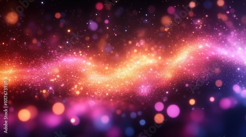 Vibrant Glowing Particles Flowing In Abstract Waves With Sparkling Bokeh Effect In Pink And Orange Gradient