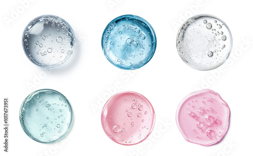 Set of Close up Drop Clear liquid cosmetic product. isolated on white background ,  Gel texture with bubbles, skin care prodict