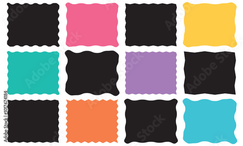 Color rectangle frames with wiggly borders. Torn paper, jagged rectangular shape box element set with zigzag edges . Geometric zig zag wavy labels,  isolated on white  background. EPS 10