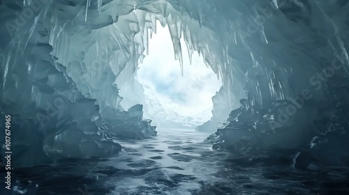 Inside view of an ice cave with intricate lake ice formations, captured in high definition photography.