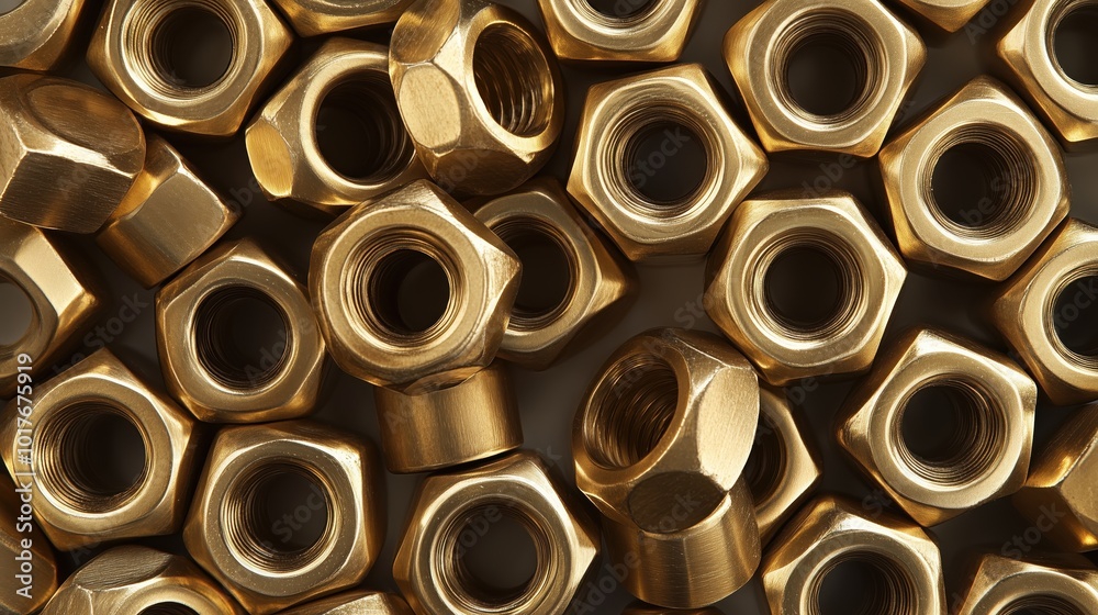 Close-up view of shiny brass nuts arranged on a neutral background, showcasing their intricate details and metallic finishes ideal for industrial and design concepts. Close-up view of shiny brass nuts arranged on a neutral background, showcasing their intricate details and metallic finishes ideal for industrial and design concepts.