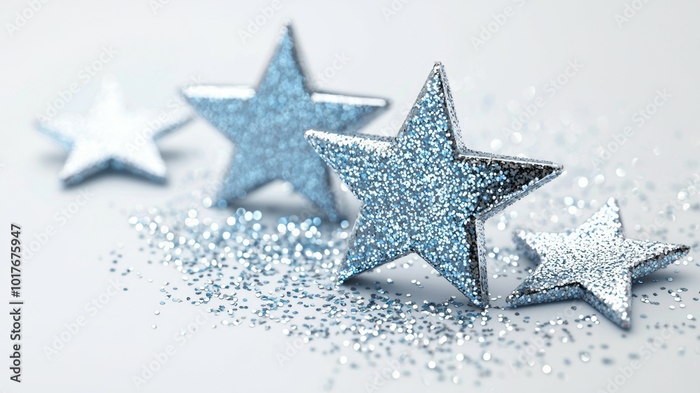 Sparkling silver stars scattered on a light surface during a festive celebration Sparkling silver stars scattered on a light surface during a festive celebration