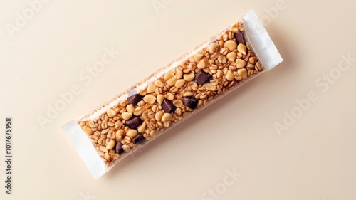 Healthy granola bar with nuts and chocolate pieces on a light background photo