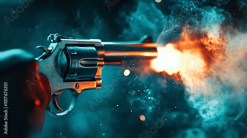 A close-up of a revolver being fired, with visible smoke and the barrel glowing from the shot.