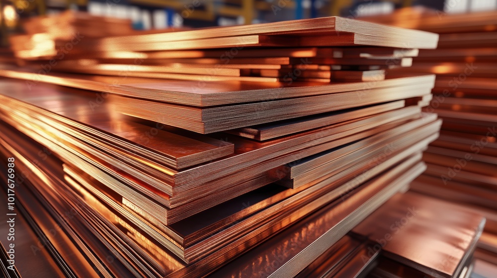 Copper Bars and Plates Stacked in Metal Warehouse. A close-up view of copper bars and plates stacked neatly in a metal warehouse, showcasing their polished surface and reflecting light beautifully.