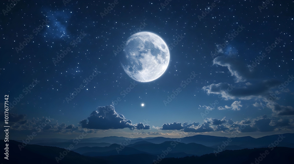 A Serene Night Sky with a Full Moon Illuminating the Distant Mountains A Serene Night Sky with a Full Moon Illuminating the Distant Mountains