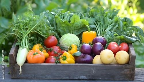 Assortment of Fresh Vegetables in a Wooden Crate