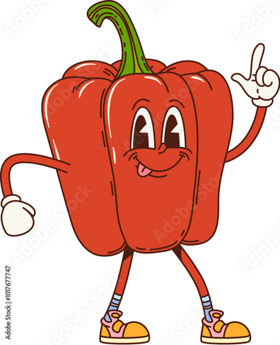 Groovy bell pepper vegetable retro character with funny face, vector comic cartoon. Groovy red bell pepper with happy smile and silly tongue out, dancing or having fun, cheerful cute groovy vegetable