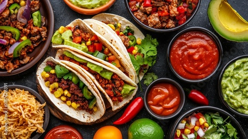 Colorful spread of homemade tacos with fresh toppings and dips on a wooden table during a festive gathering