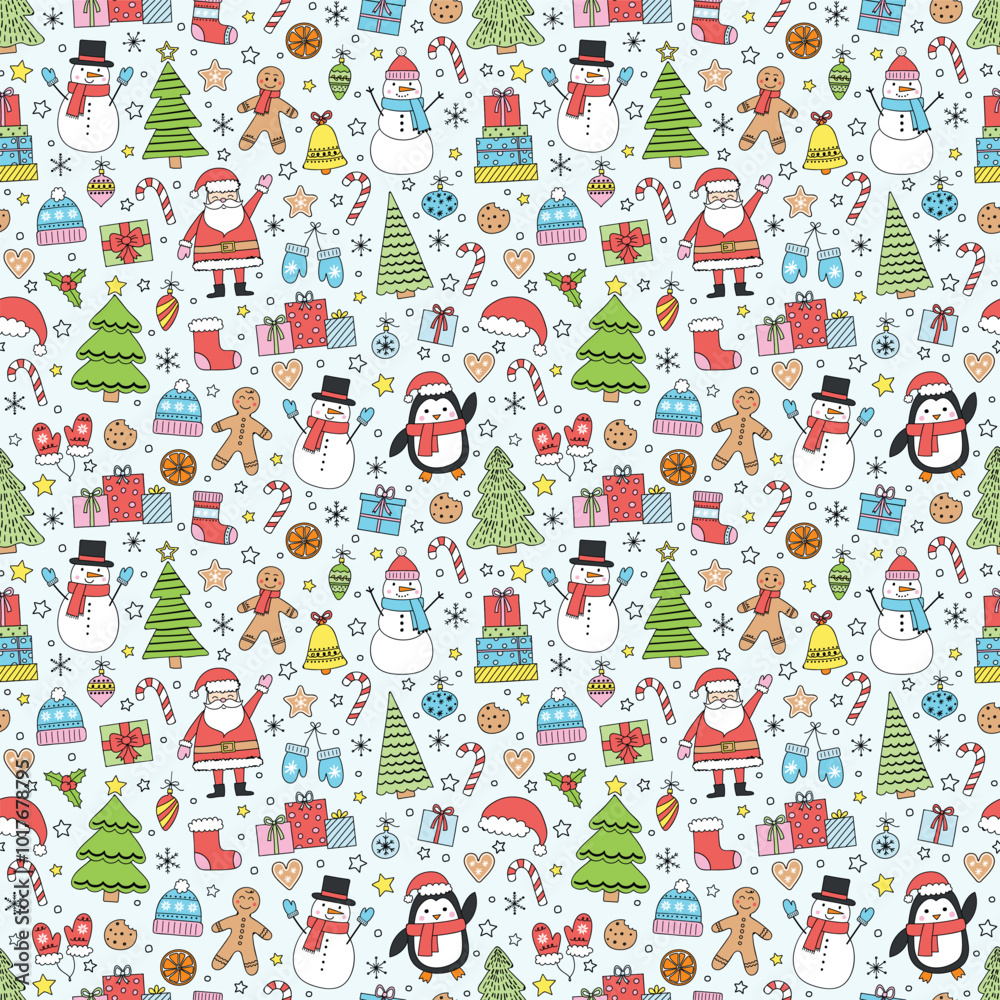 Naklejka premium Christmas seamless pattern with cute cartoon characters and decorations. Wallpaper design. Vector illustration