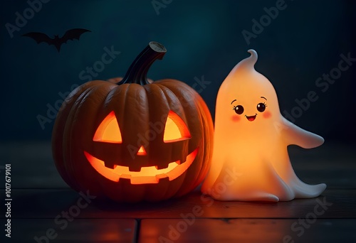 Halloween night scene featuring a carved pumpkin and an adorable glowing ghost.