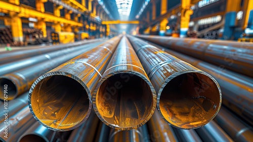 Large pipes in a production line within an industrial factory. The image captures the essence of manufacturing and construction in the industry.