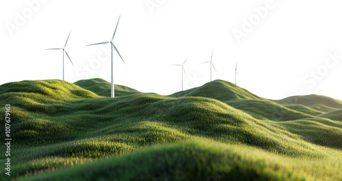 Renewable energy windmills on hilly landscape, isolated on transparent cutout background photo