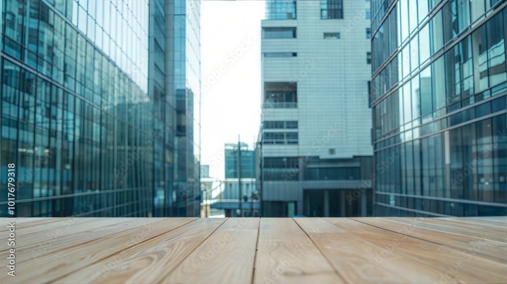 Fototapeta premium Modern cityscape featuring glass buildings with wooden flooring in the foreground.