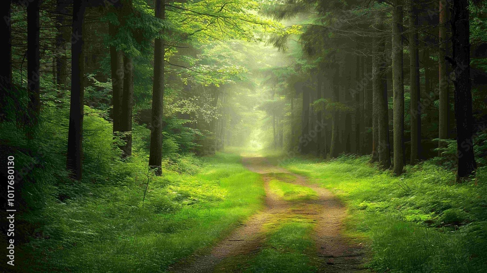 Fototapeta premium Atmospheric Forest Trail Background. Nature Photography. 