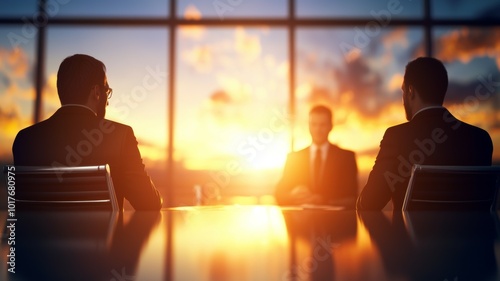 Two business professionals engaged in a serious discussion against a stunning sunset backdrop in a high-rise office