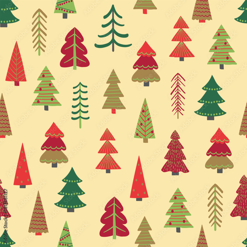 Obraz premium Christmas tree seamless texture in cartoon style. Wallpaper and wrapping paper design. Vector illustration