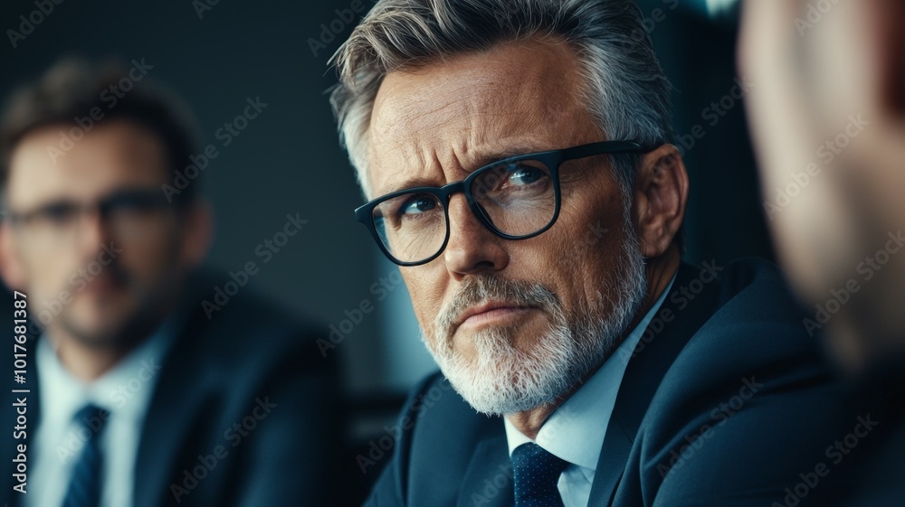 Business executives engaged in a serious discussion during a board meeting in a modern office setting Business executives engaged in a serious discussion during a board meeting in a modern office setting