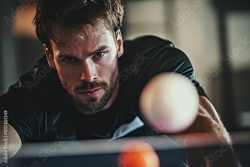 Focused Table Tennis Player About To Serve The Ball photo