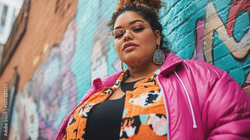 Plus-size young woman in streetwear Targeted at plus-size fashion content, especially street style, which is underrepresented in mainstream fashion. photo