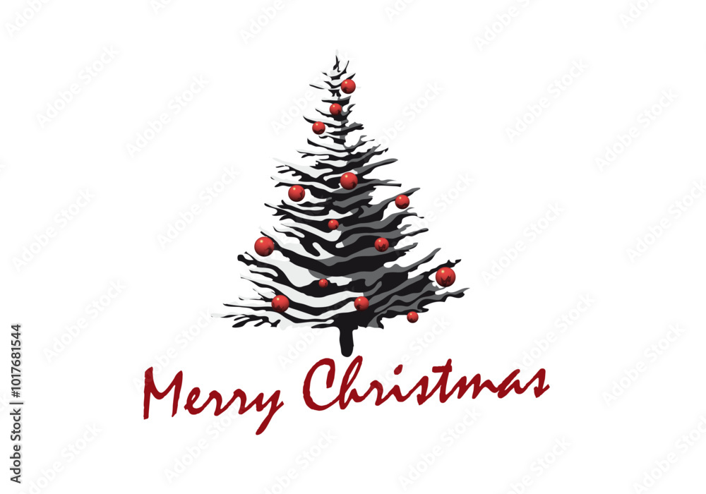 Black and white christmas tree with red baubles wishing merry christmas Black and white christmas tree with red baubles wishing merry christmas