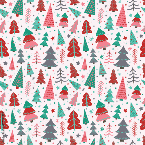 Christmas tree seamless pattern. Cute holiday background with cartoon ornaments. Vector illustration