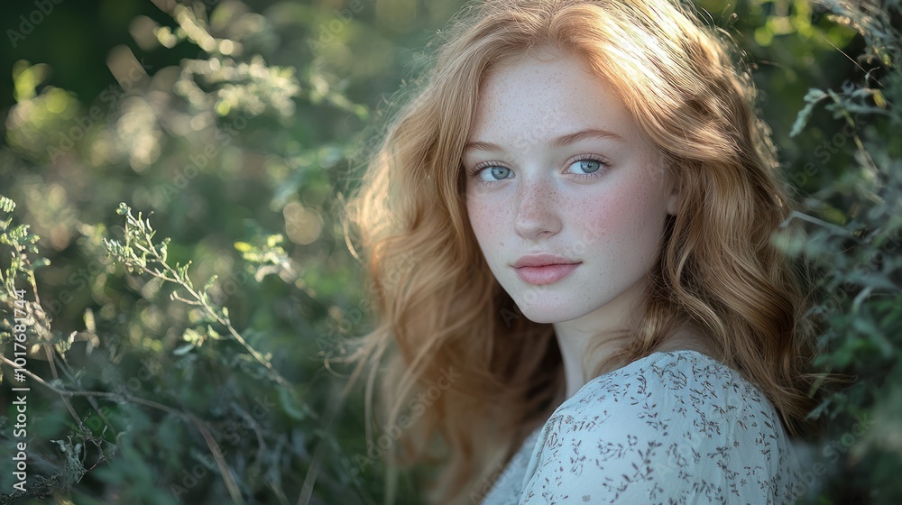 Naklejka premium Portrait of young lady in natural surroundings Often used in outdoor portrait sessions, this keyword focuses on the integration of nature with portraiture.