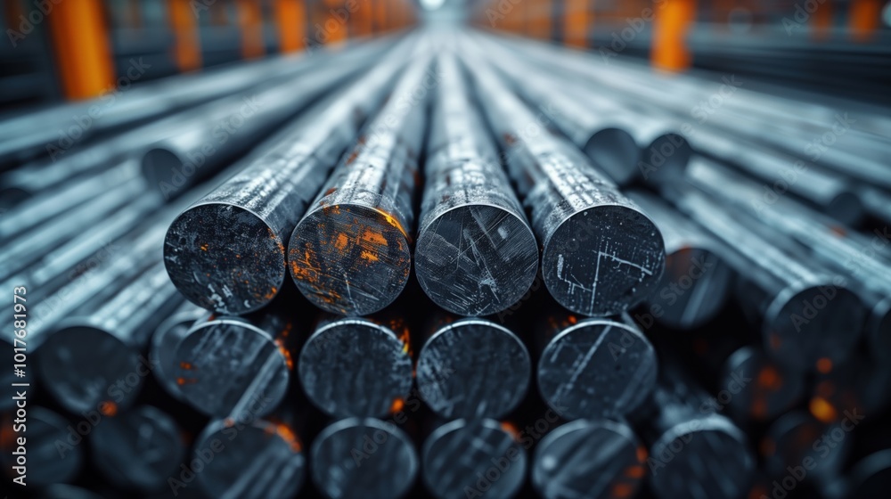 Stacked Round Steel Bars in Industrial Warehouse. Round steel bars stacked in an industrial warehouse, showcasing their texture and arrangement, representing raw materials for manufacturing. Stacked Round Steel Bars in Industrial Warehouse. Round steel bars stacked in an industrial warehouse, showcasing their texture and arrangement, representing raw materials for manufacturing.