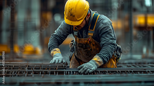 Construction Worker Wearing Safety Gear Carefully Arranges Reinforcing Steel Mesh on a Construction Site