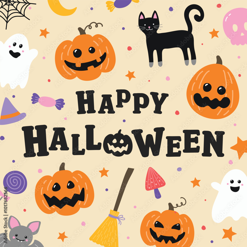 Halloween card with cute hand drawn icons. Vector illustration