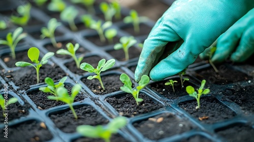 Hands wearing gardening gloves, arranging freshly planted seedlings in neat rows photo