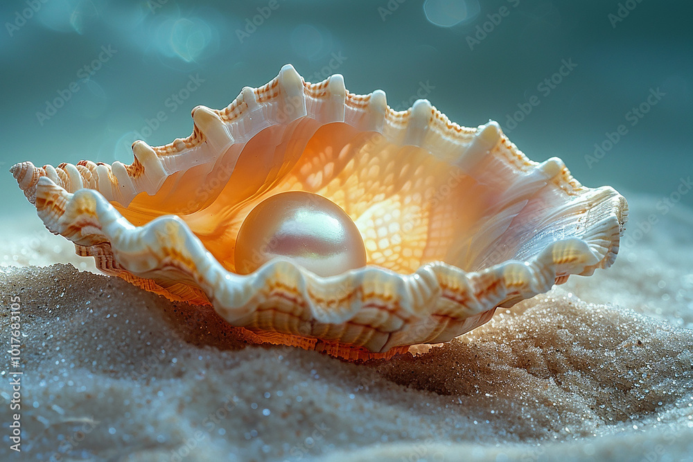 Shiny pearl in shell on sand with ocean background generated.AI Shiny pearl in shell on sand with ocean background generated.AI