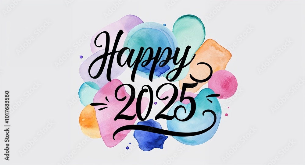 happy 2025 calligraphy lettering with watercolor shapes design abstract on plain white background happy 2025 calligraphy lettering with watercolor shapes design abstract on plain white background