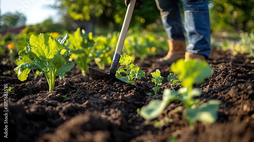 Person using a hoe to break up the soil in a garden bed photo