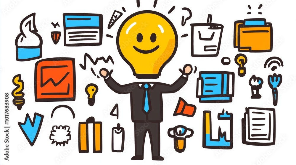 Businessman with Lightbulb Head Surrounded by Doodle Icons Concept of Ideas Innovation Businessman with Lightbulb Head Surrounded by Doodle Icons Concept of Ideas Innovation