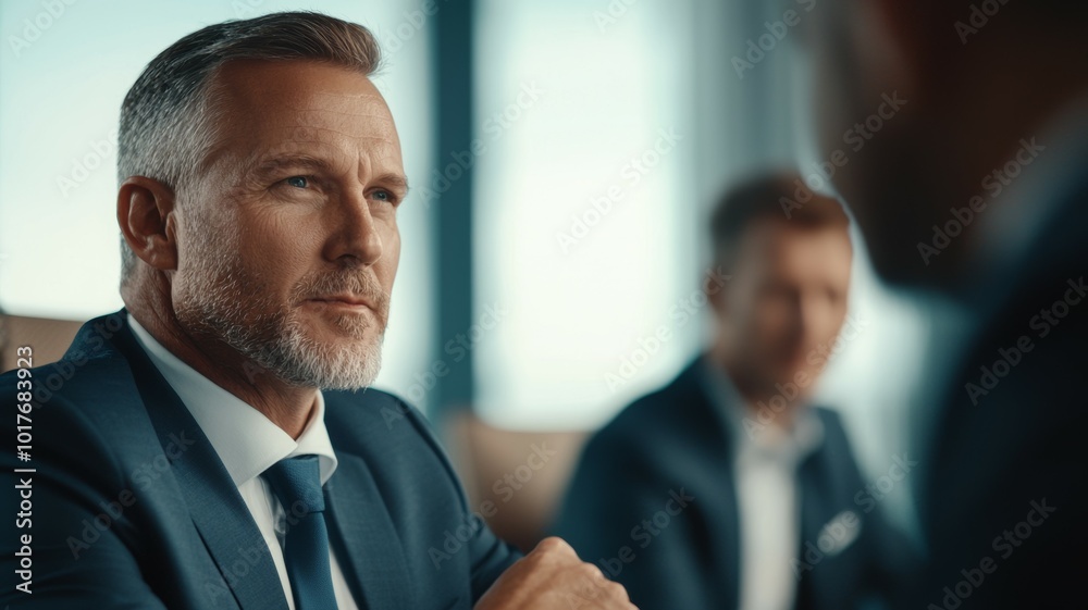Businessmen engaged in a serious discussion during a corporate meeting in a modern boardroom Businessmen engaged in a serious discussion during a corporate meeting in a modern boardroom