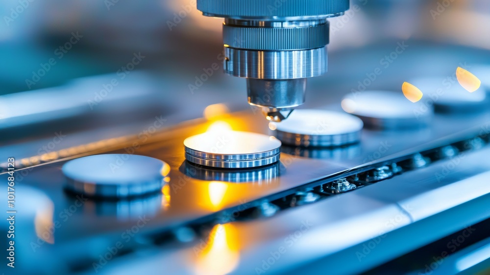 Precision laser engraving process captured in a modern manufacturing facility during the morning