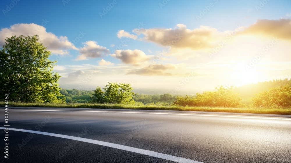Fototapeta premium Early morning sunlight breaks through clouds over a winding road in a tranquil landscape with lush greenery