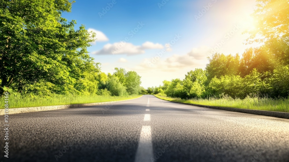 Fototapeta premium A peaceful view of an empty road surrounded by greenery during a sunny day with fluffy clouds in the sky