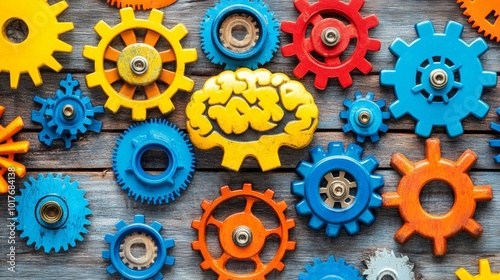 Colorful Gears and Brain Cog Icon on Wooden Background Teamwork Strategy Innovation