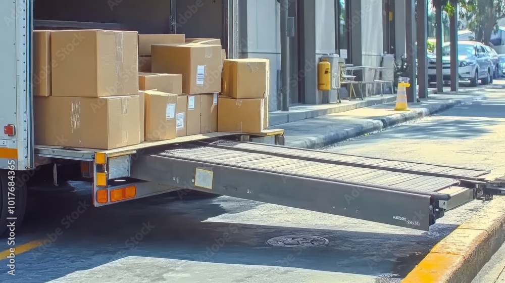 Naklejka premium Efficient Delivery Process: Loading Packages onto a Transport Truck in an Urban Setting