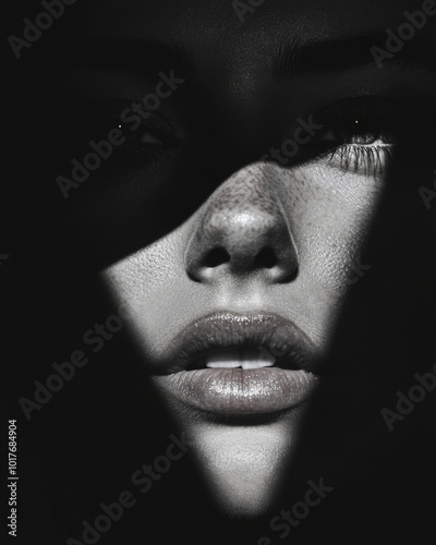 In monochrome, shadows sharply divide a contemplative face, highlighting emotions and depth, offering a study in contrast and texture in an evocative close-up portrait.