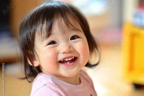 A joyful toddler with a bright smile enjoying playtime indoors during the afternoon